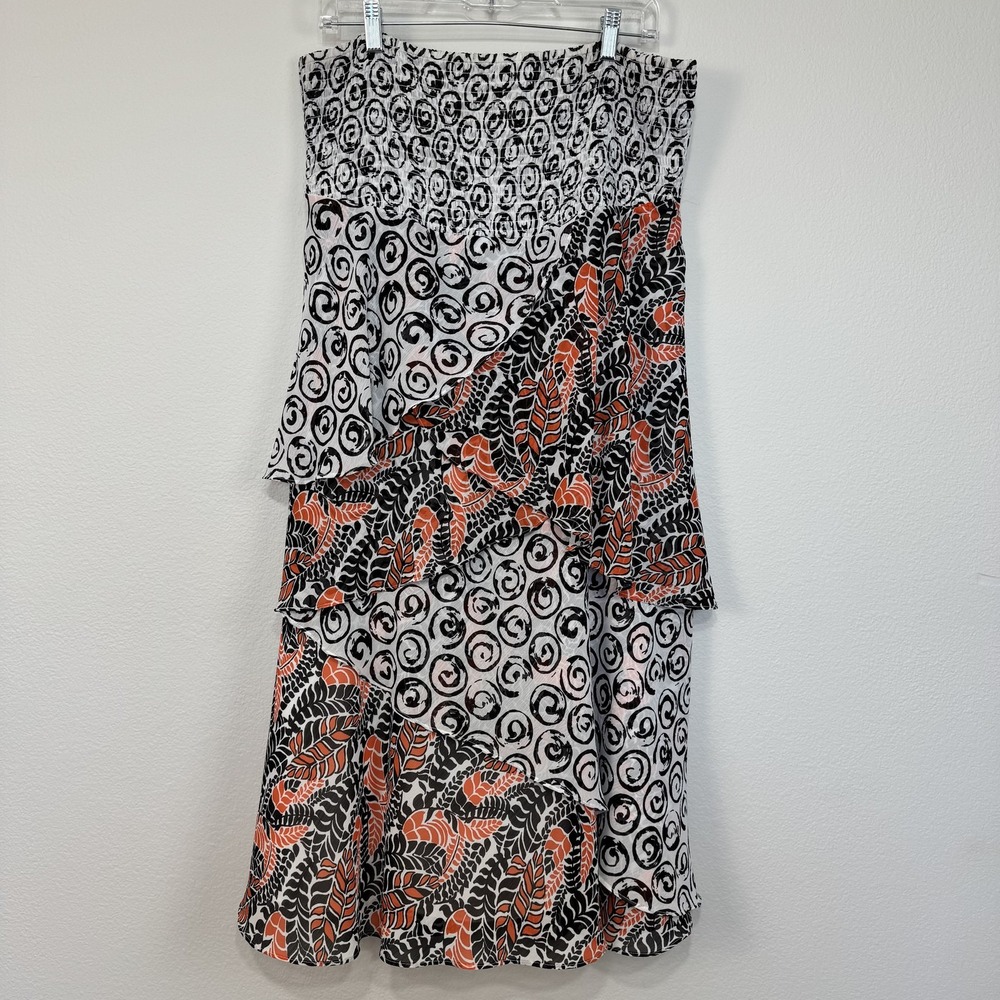 Lane Bryant Strapless Dress Size 14 Black White‎ Orange Boho Print Tiered Flowy